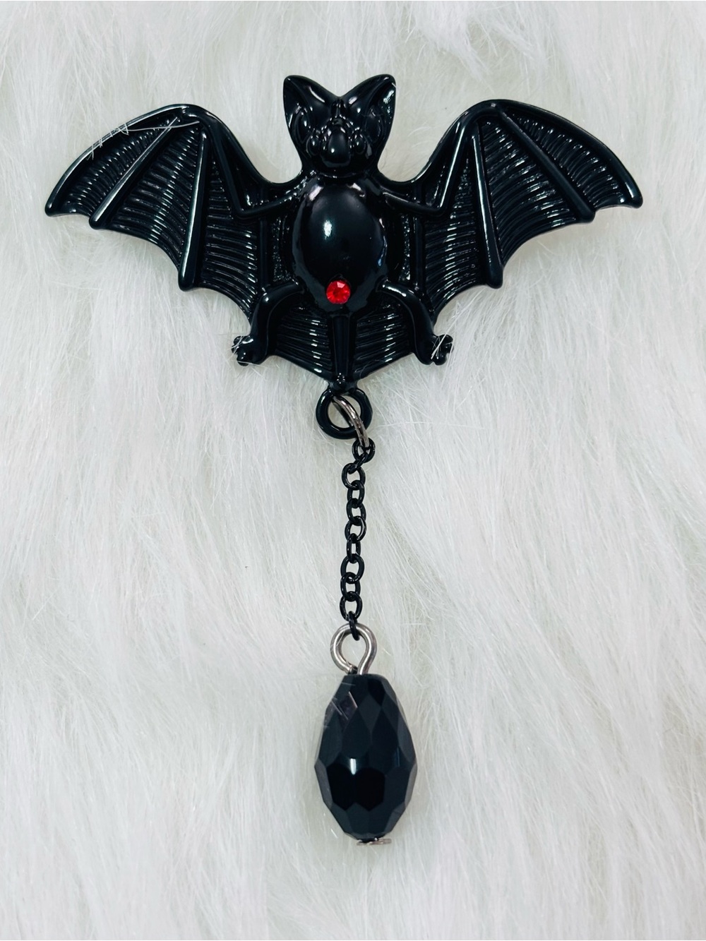 Black Bat Dangle Brooch Red Rhinestone Gothic Halloween Pin